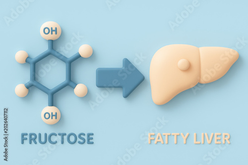 Healthcare concept illustration showing unhealthy transformation of fructose molecule into fatty liver symbol, connected by bold arrow for clear visual