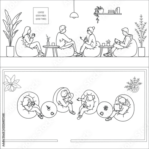 People relaxing in a modern cafe, side view and top view illustration