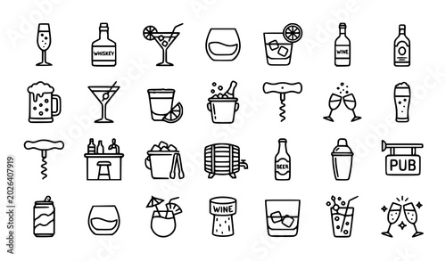 Quadro su tela Alcohol Beverage Line Icon Set With Champagne Whiskey Cocktail And Bar Symbols