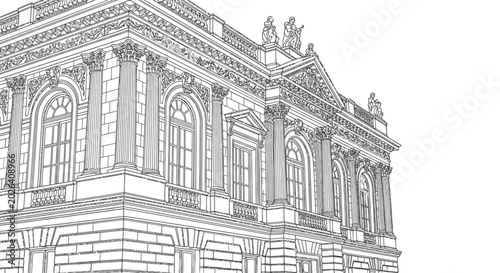 Neoclassical museum building facade sketch with columns and statues