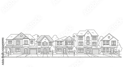 Row of modern suburban houses line art illustration