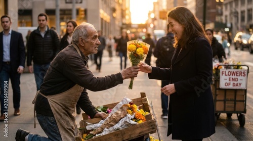 Elderly Man Handing Flowers to Stranger on City Street