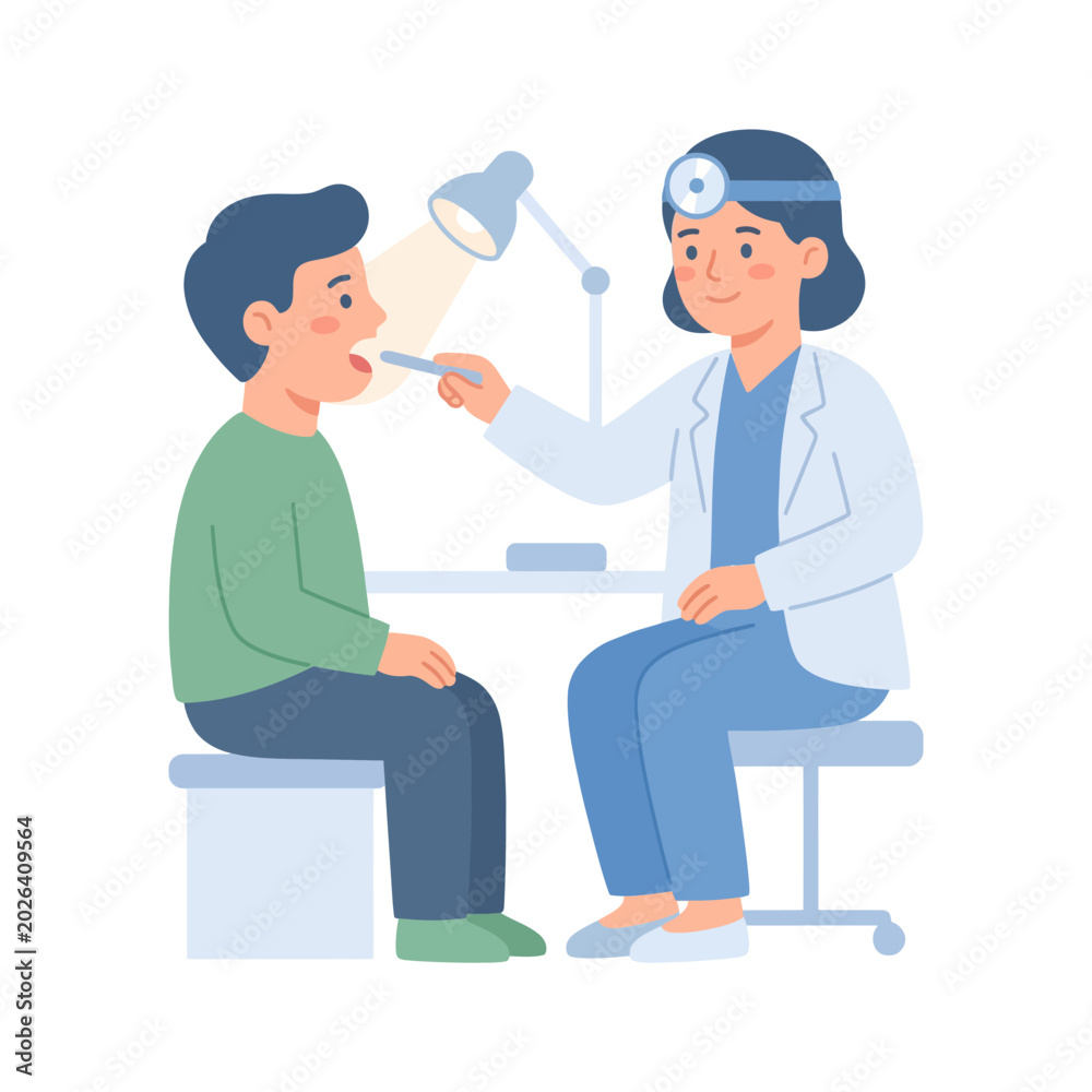 Obraz premium Female dental hygienist examining teeth of an adult patient sitting on a dental chair flat vector