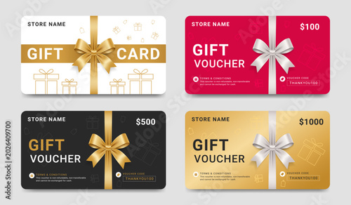Vector set of luxury gift vouchers with ribbons and gift box. Design for invitation, certificate, gift coupon, ticket, shopping voucher, birthday gift