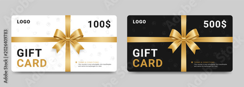 Luxury gift card template. Golden ribbon bow premium voucher design, White and black shopping gift cards with with Golden ribbon bow
