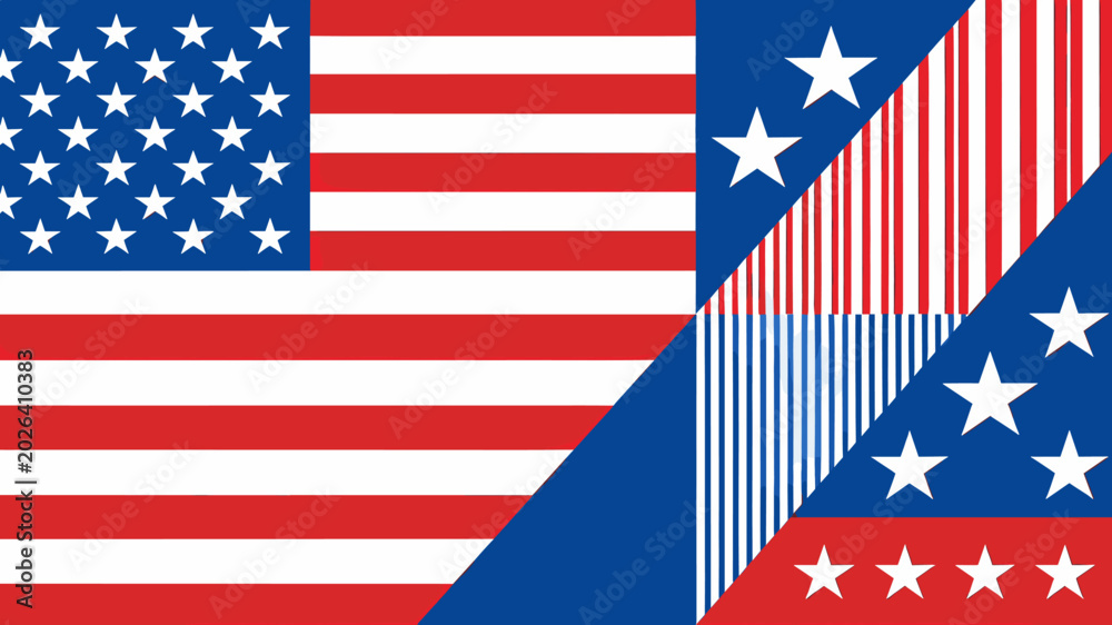 Obraz premium A split image showing a traditional American flag on the left and a deconstructed, abstract geometric pattern of flag elements on the right.