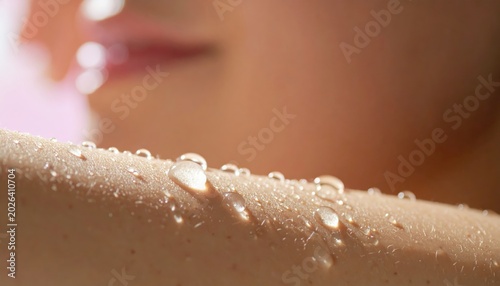 selective focus of water droplets on tanned skin of woman body