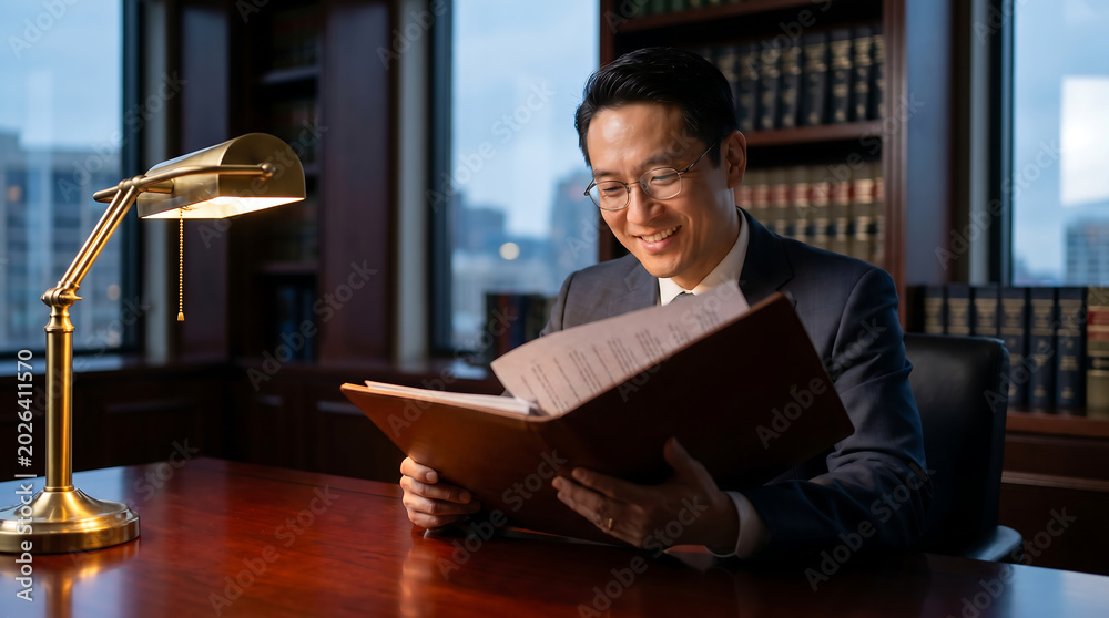 Fototapeta premium Confident Asian Businessman Reading Documents in a Modern Office with City View