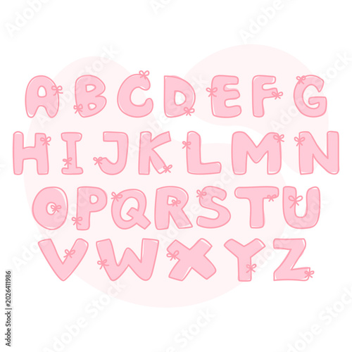 Pink coquette font handwritten hand draw abc alphabet letters with ribbon accent