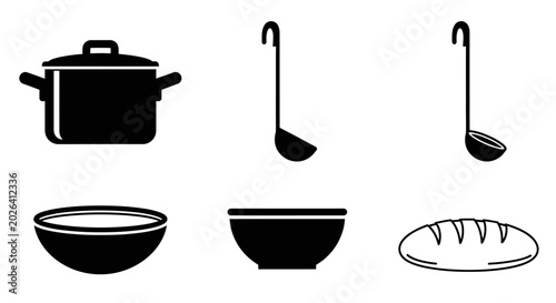 Kitchen utensils vector set with cooking tools and kitchenware icons including spoon fork knife pot pan cup bowl and restaurant cooking symbols