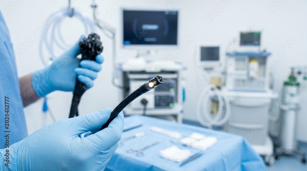 Fototapeta premium Medical professional holding gastroscope in sterile clinical procedure room
