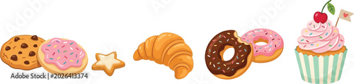 Bild auf Leinwand Colorful vector illustration of sweet bakery items including chocolate chip cookie, donuts, croissant, star cookie and cupcake with cherry, perfect for food and dessert concept