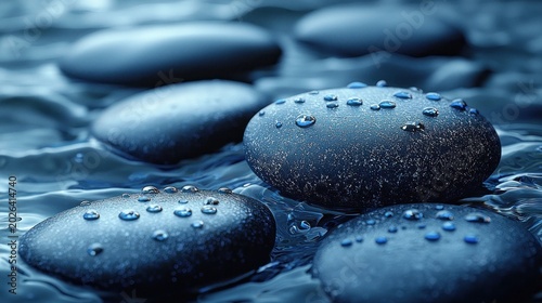 Serene Blue Stones: Water Droplets on Smooth Rocks in Tranquil Water
