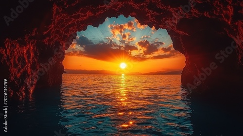 Dramatic Cave View: Fiery Sunset Over Calm Sea, Reflected Light