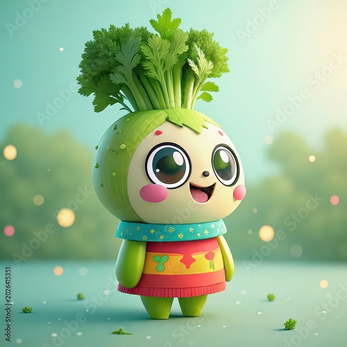 Cute Parsley Cartoon Character with Green Leaves Hair, adorable herb mascot illustration for healthy food branding, kids education, playful animation