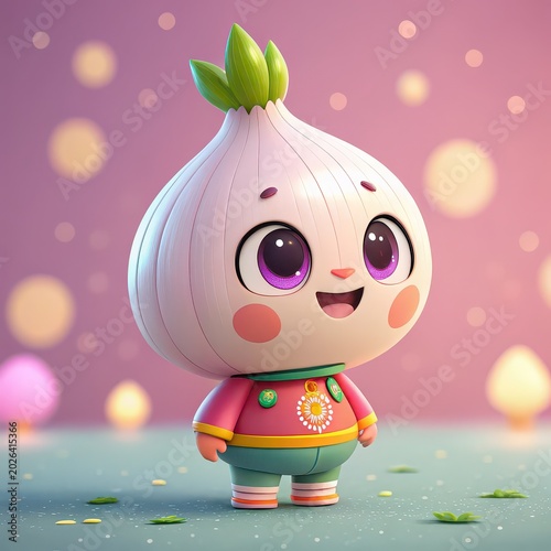 Cute Onion Cartoon Character with Pink Background and Big Eyes, adorable vegetable mascot 3D illustration for children branding, healthy food campaigns, nursery decor