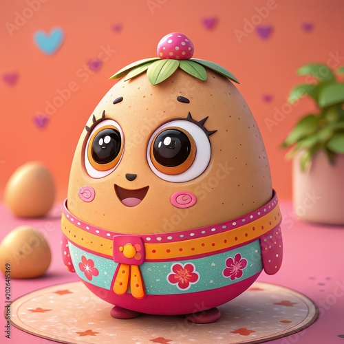 Adorable Potato Cartoon Mascot with Floral Outfit, cute root vegetable character illustration for children products, food branding, playful nursery art