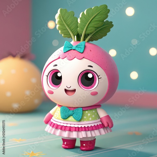 Cute Radish Cartoon Girl with Bow and Leaf Hat, adorable vegetable mascot illustration for children fashion branding, healthy food campaigns, stickers