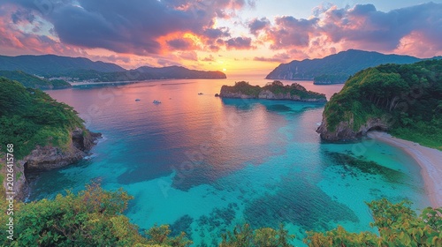 Breathtaking Sunset Over Emerald Waters and Lush Islands, Japan