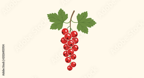 Stem of bright red currants with detailed green leaves hangs gracefully, offering a fresh and natural look at summer berries and fruits.