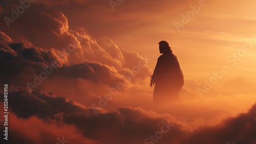 Silhouette of person in clouds at sunset.