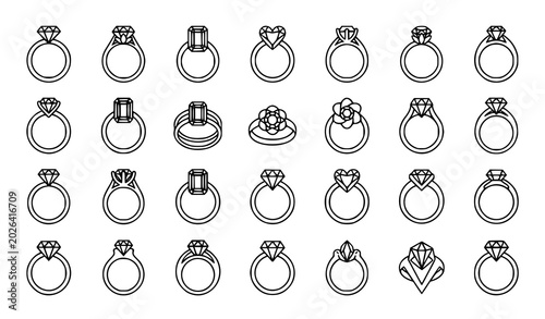 Bild auf Leinwand Elegant Diamond Engagement Ring Icons Collection with Luxury Bridal Jewelry Vect