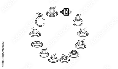 Bild auf Leinwand Premium Diamond Engagement Ring Vector Icon Set with Elegant Wedding Jewelry Sym