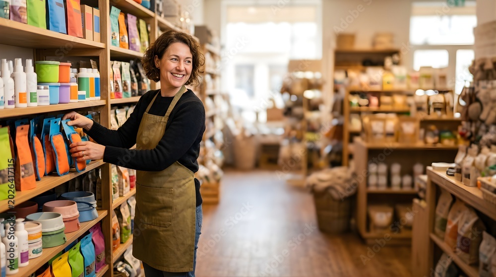 Naklejka premium Smiling woman store clerk organizing supplies on shelves in a pet shop