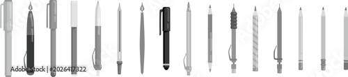 Tableau sur toile Collection of assorted pens and pencils arranged in a row against a white backgr