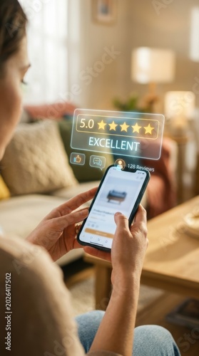 Woman holding a smartphone with a holographic 5star rating and excellent review overlay in a cozy living room