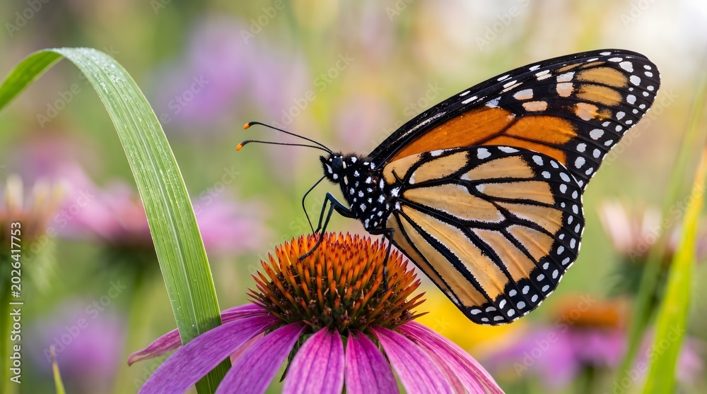 Fototapeta premium Monarch butterfly perched on a purple echinacea flower in a summer garden