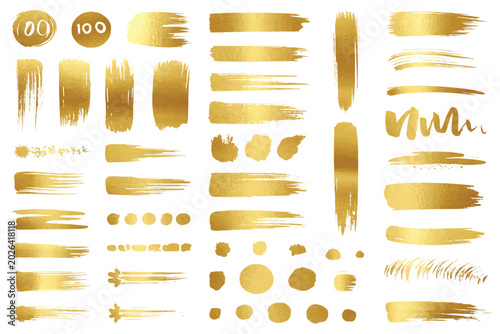 Golden brush strokes and splatters vector mega set. Luxury gold paint lines, dots, smears, and metallic textures isolated on white background.