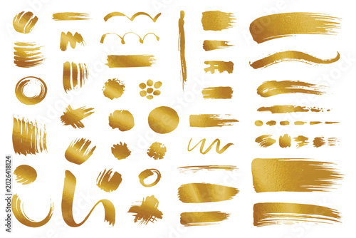 Golden brush strokes and splatters vector mega set. Luxury gold paint lines, dots, smears, and metallic textures isolated on white background.
