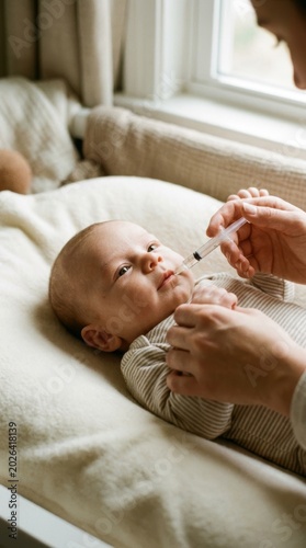 Mother giving medicine to her newborn baby with an oral syringe