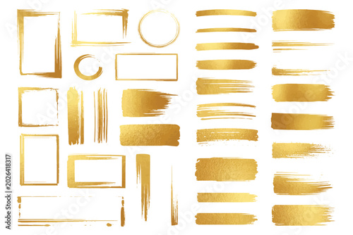 Golden brush strokes vector set. Luxury gold paint borders and metallic ink textures isolated on white background.