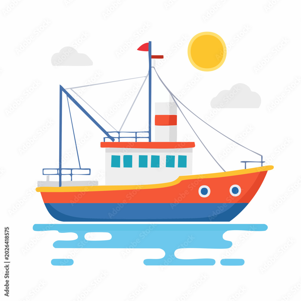 Fototapeta premium Flat illustration of a colorful fishing boat on water