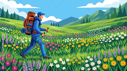 Fotografie Man Hiking Through Mountain Meadow with Wildflowers Flat Vector Illustration
