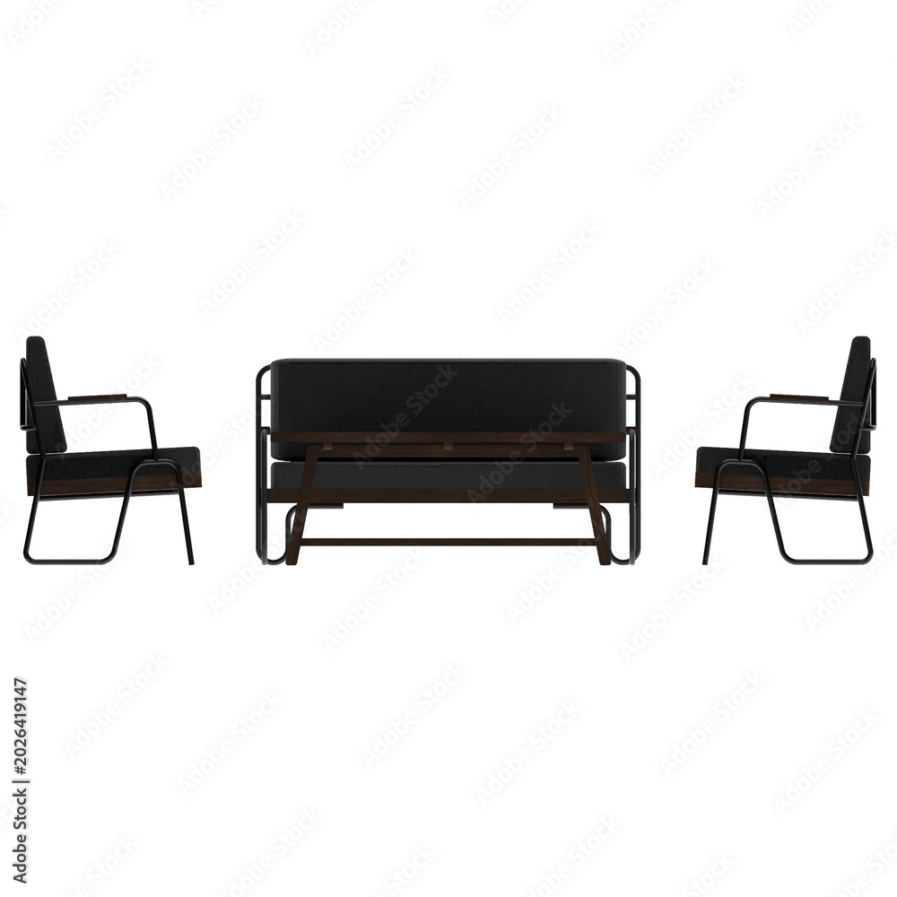 Fototapeta premium Front view of walnut living room set with sofa, coffee table, and cabinet highlighting refined structure and sleek styling.