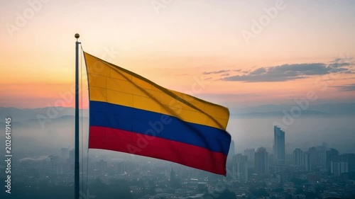 Colombian flag waving over a misty city skyline at sunrise, representing national pride, South American government, patriotism, and urban development concepts for business