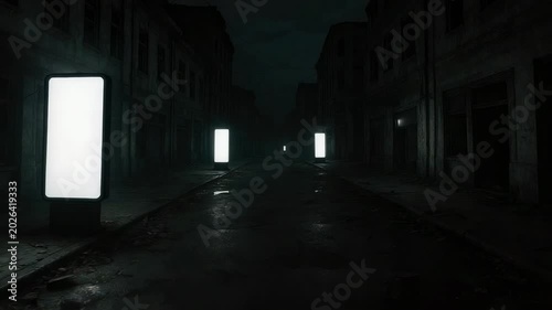 Dim, deserted urban street at night with crumbling buildings and bright rectangular light panels casting reflections on wet pavement