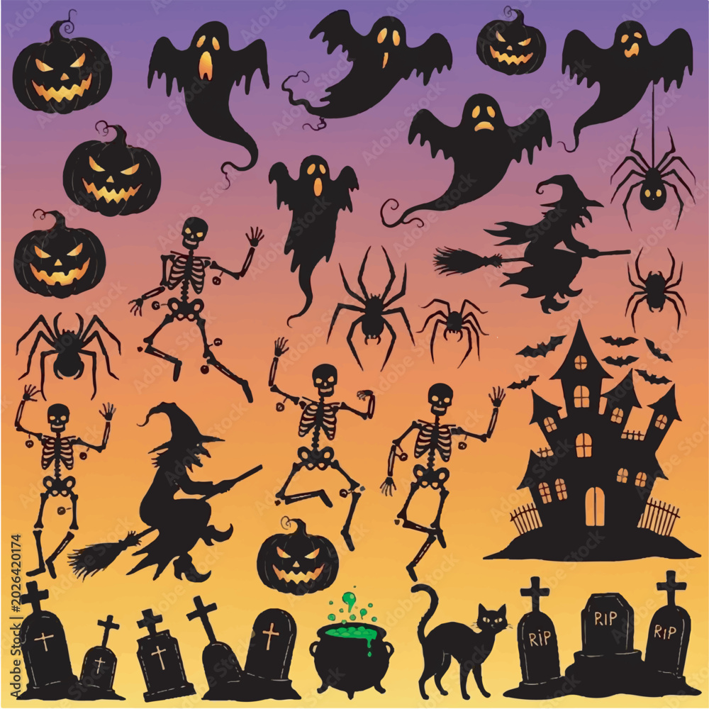 Fototapeta premium Halloween illustration with colorful background ghosts pumpkins witches and skeletons.