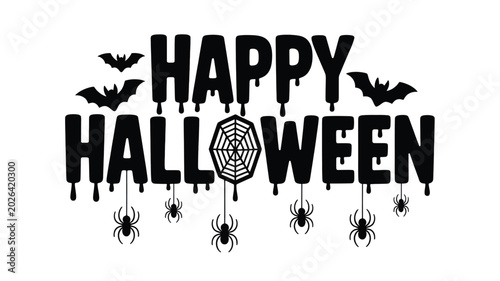 Happy halloween typography design featuring spooky bats and hanging spiders created as a vector on white background