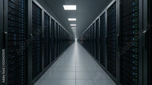 Long corridor of dark server racks with blue indicator lights in data center