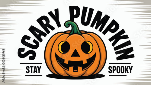 Scary pumpkin illustration featuring a carved jack-o-lantern face with bold typography on white background