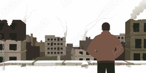 Bild auf Leinwand Post apocalyptic cityscape illustration with figure somber and desolate