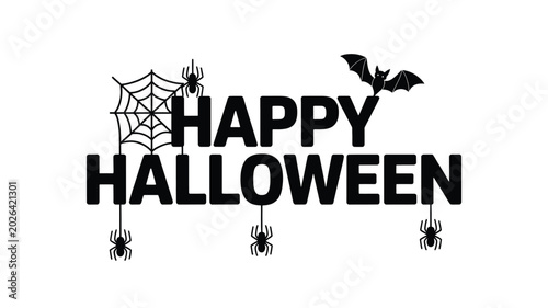 Happy halloween text featuring hanging spiders and a flying bat silhouette design on white background