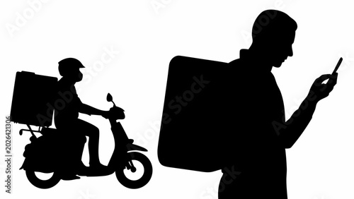Silhouette of delivery man on scooter and person with package checking phone on white background