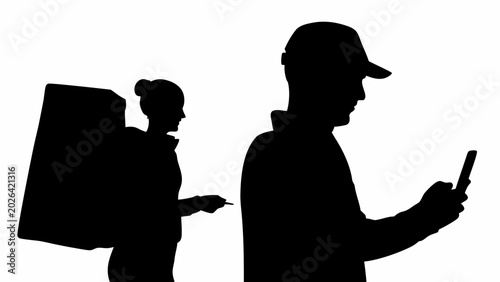 Silhouette of courier delivering parcel while man checks phone on white background