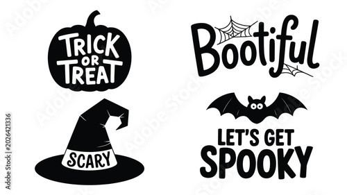 Decorative halloween themed collection of black vector typography elements featuring scary icons on white background