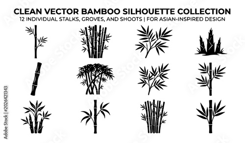Obraz na plátně Black bamboo silhouette vector stalks shoots illustration set